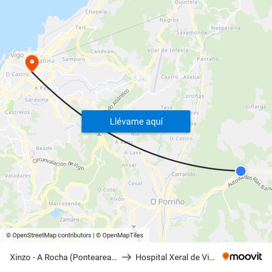 Xinzo - A Rocha (Ponteareas) to Hospital Xeral de Vigo map
