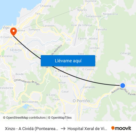 Xinzo - A Cividá (Ponteareas) to Hospital Xeral de Vigo map