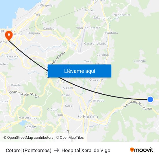 Cotarel (Ponteareas) to Hospital Xeral de Vigo map