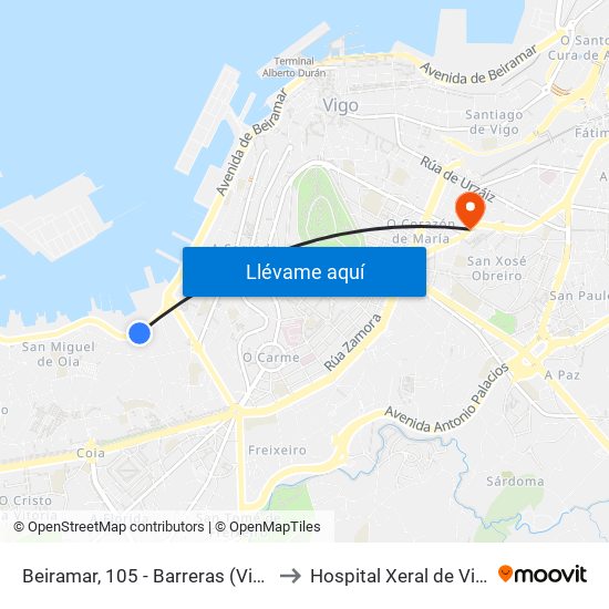 Beiramar, 105 - Barreras (Vigo) to Hospital Xeral de Vigo map