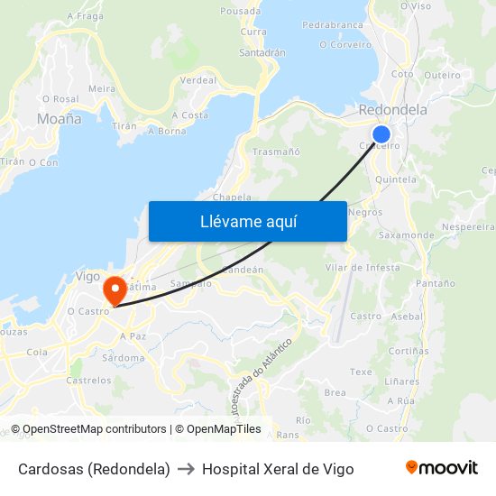 Cardosas (Redondela) to Hospital Xeral de Vigo map