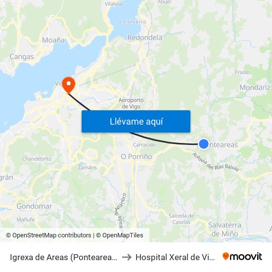 Igrexa de Areas (Ponteareas) to Hospital Xeral de Vigo map
