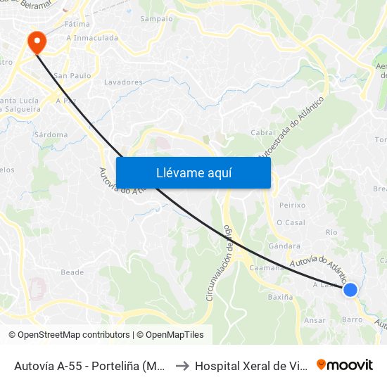 Autovía A-55 - Porteliña (Mos) to Hospital Xeral de Vigo map