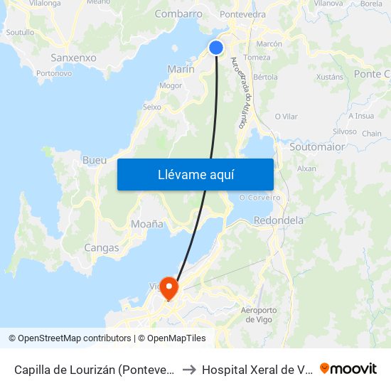 Capilla de Lourizán (Pontevedra) to Hospital Xeral de Vigo map