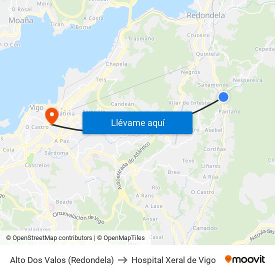 Alto Dos Valos (Redondela) to Hospital Xeral de Vigo map