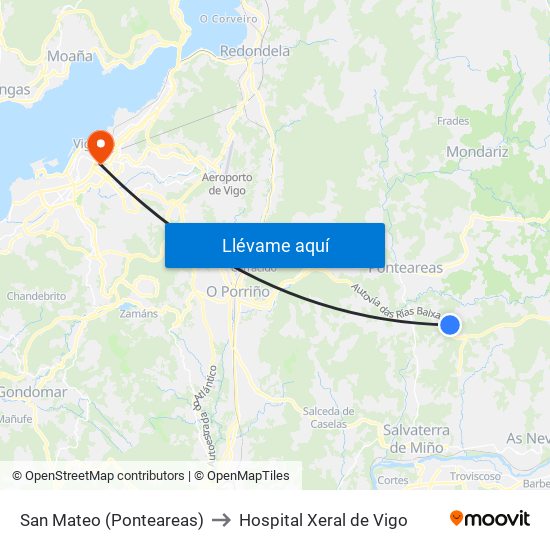 San Mateo (Ponteareas) to Hospital Xeral de Vigo map