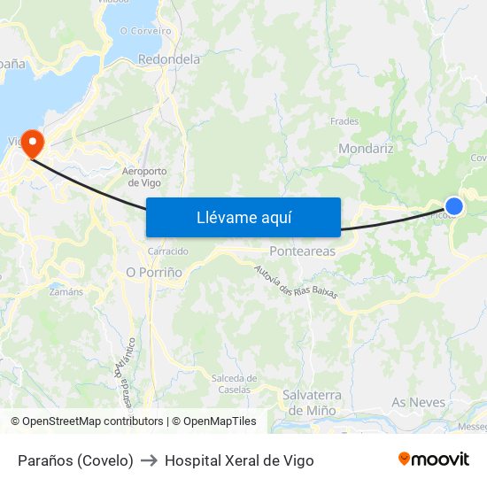 Paraños (Covelo) to Hospital Xeral de Vigo map