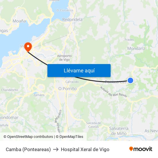 Camba (Ponteareas) to Hospital Xeral de Vigo map