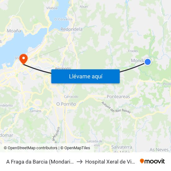 A Fraga da Barcia (Mondariz) to Hospital Xeral de Vigo map