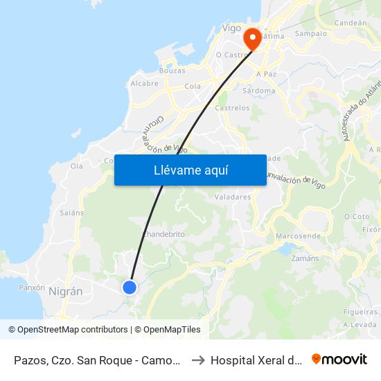 Pazos, Czo. San Roque - Camos (Nigrán) to Hospital Xeral de Vigo map