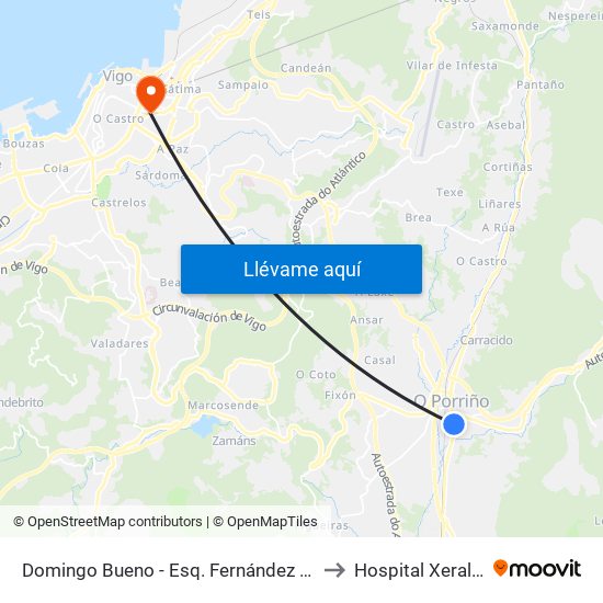 Domingo Bueno - Esq. Fernández Areal (O Porriño) to Hospital Xeral de Vigo map