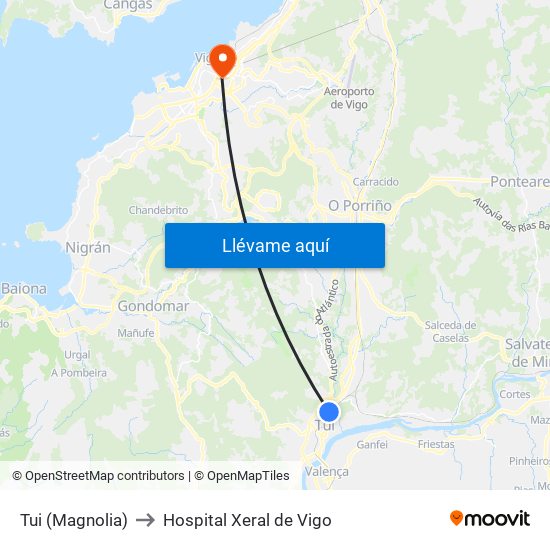 Montiño (Tui) to Hospital Xeral de Vigo map