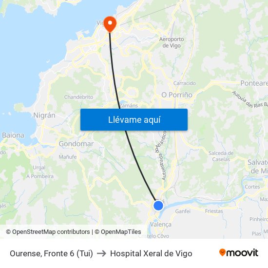Ourense, Fronte 6 (Tui) to Hospital Xeral de Vigo map