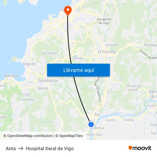 Polígono de Areas (Tui) to Hospital Xeral de Vigo map