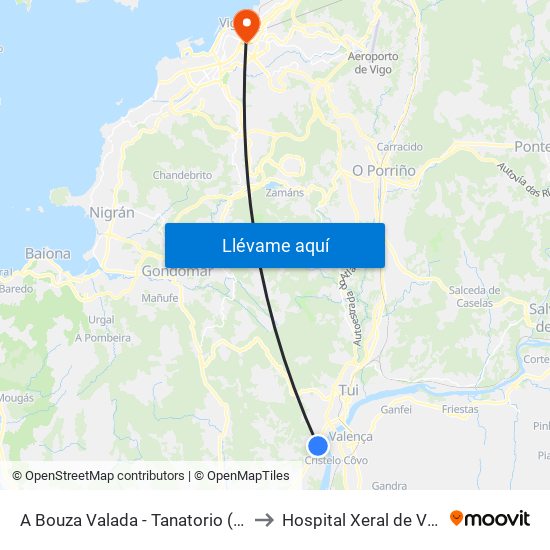 A Bouza Valada - Tanatorio (Tui) to Hospital Xeral de Vigo map