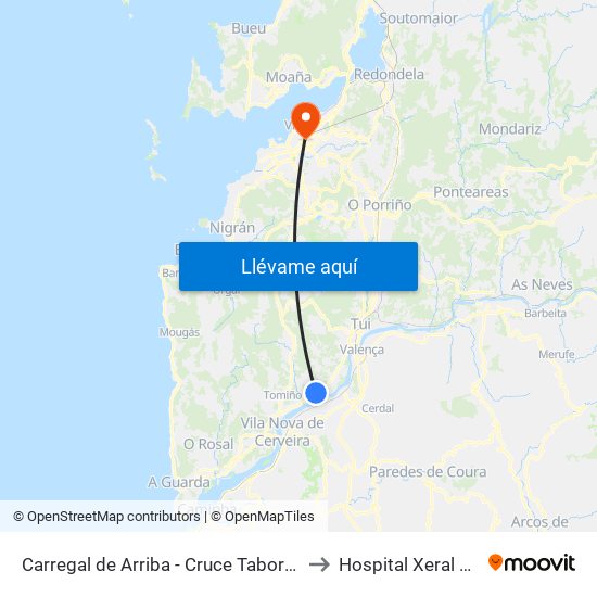 Carregal de Arriba - Cruce Taborda (Tomiño) to Hospital Xeral de Vigo map