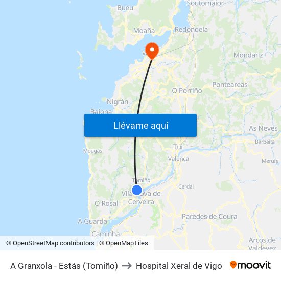 A Granxola - Estás (Tomiño) to Hospital Xeral de Vigo map