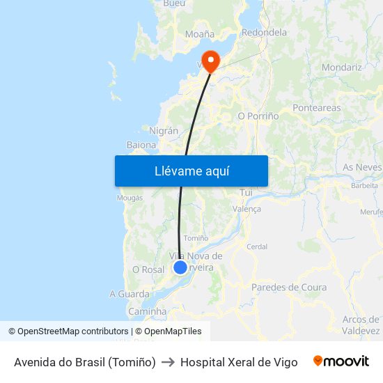 Avenida do Brasil (Tomiño) to Hospital Xeral de Vigo map