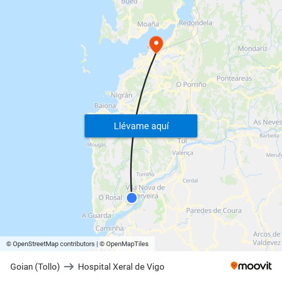 Goian (Tollo) to Hospital Xeral de Vigo map