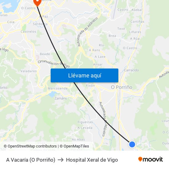 A Vacaría (O Porriño) to Hospital Xeral de Vigo map