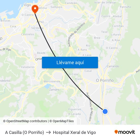 A Casilla (O Porriño) to Hospital Xeral de Vigo map