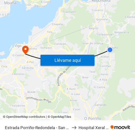 Estrada Porriño-Redondela - San Gregorio (Mos) to Hospital Xeral de Vigo map