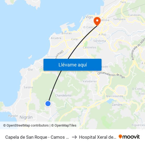 Capela de San Roque - Camos (Nigrán) to Hospital Xeral de Vigo map