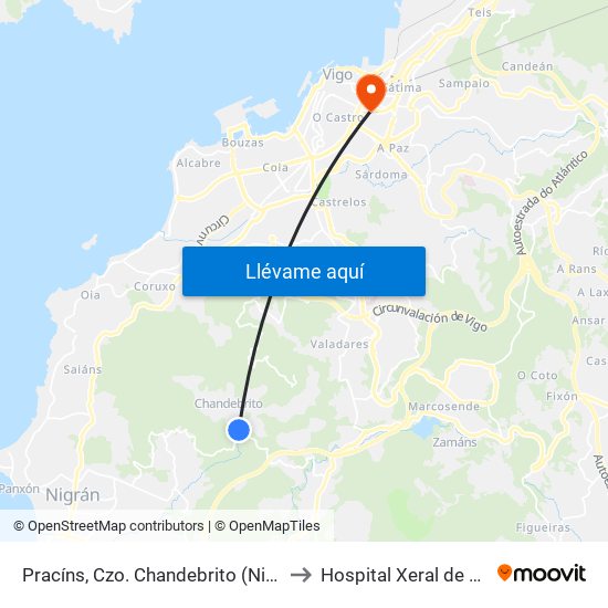 Pracíns, Czo. Chandebrito (Nigrán) to Hospital Xeral de Vigo map