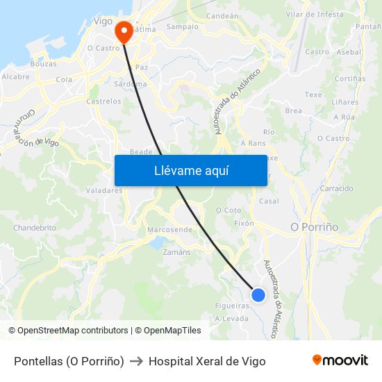 Pontellas (O Porriño) to Hospital Xeral de Vigo map