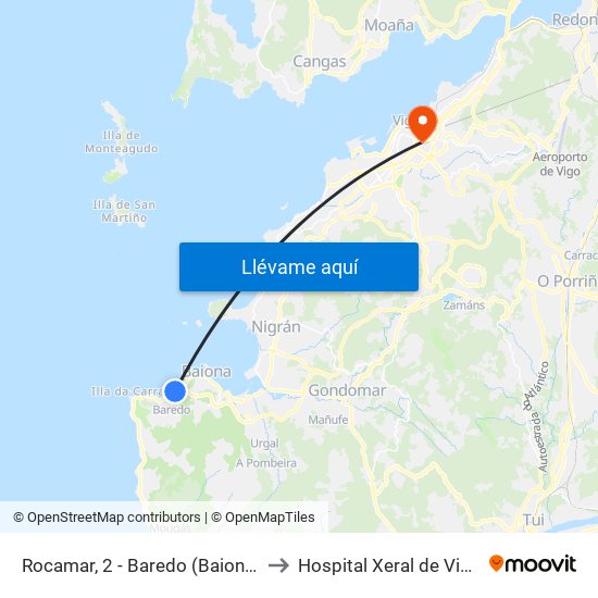 Rocamar, 2 - Baredo (Baiona) to Hospital Xeral de Vigo map