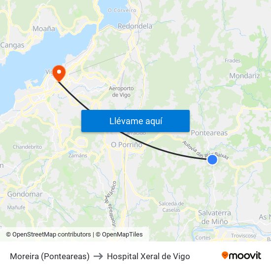 Moreira (Ponteareas) to Hospital Xeral de Vigo map