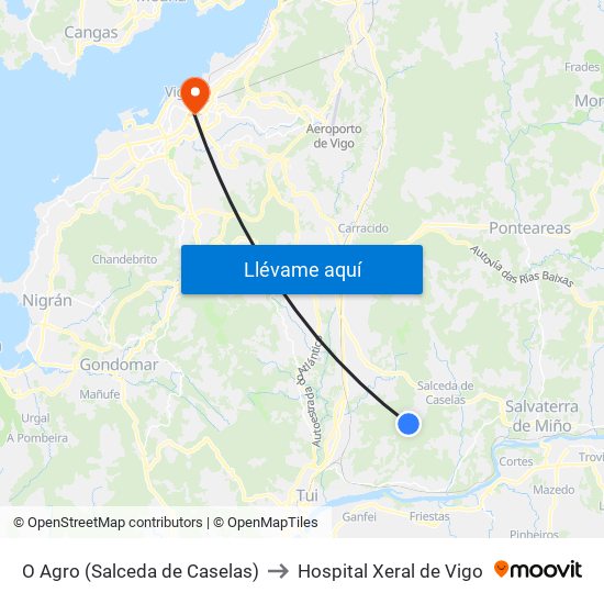O Agro (Salceda de Caselas) to Hospital Xeral de Vigo map