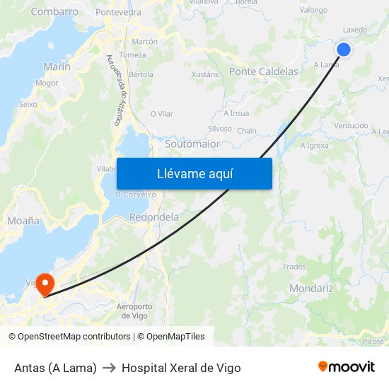 Antas (A Lama) to Hospital Xeral de Vigo map