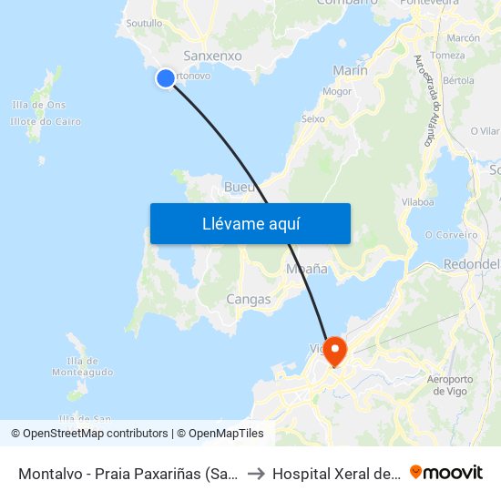 Montalvo - Praia Paxariñas (Sanxenxo) to Hospital Xeral de Vigo map