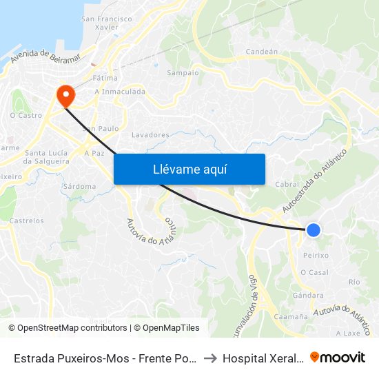 Estrada Puxeiros-Mos - Frente Policía Local (Mos) to Hospital Xeral de Vigo map
