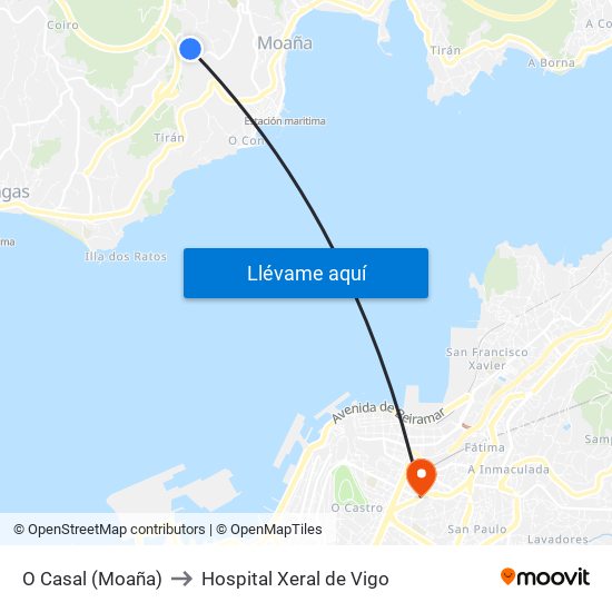 O Casal (Moaña) to Hospital Xeral de Vigo map