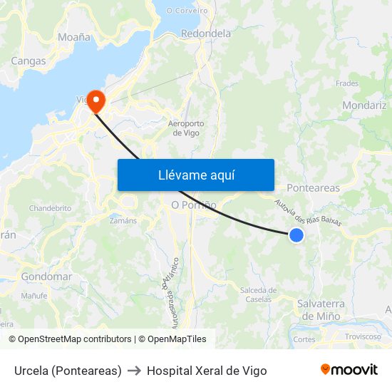 Urcela (Ponteareas) to Hospital Xeral de Vigo map