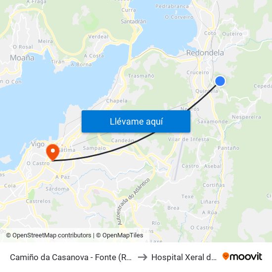 Camiño da Casanova - Fonte (Redondela) to Hospital Xeral de Vigo map