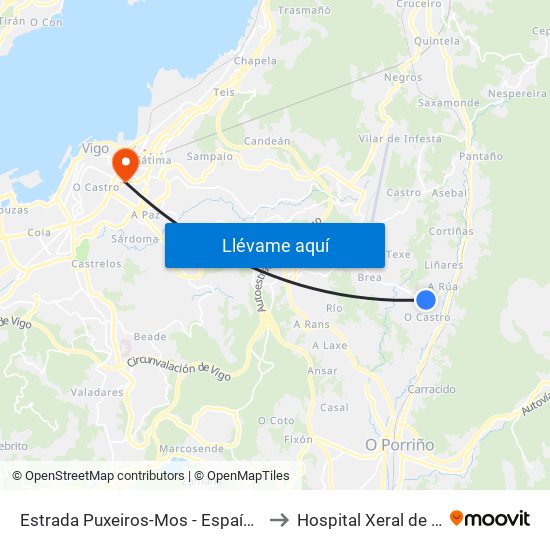 Estrada Puxeiros-Mos - Espaín (Mos) to Hospital Xeral de Vigo map