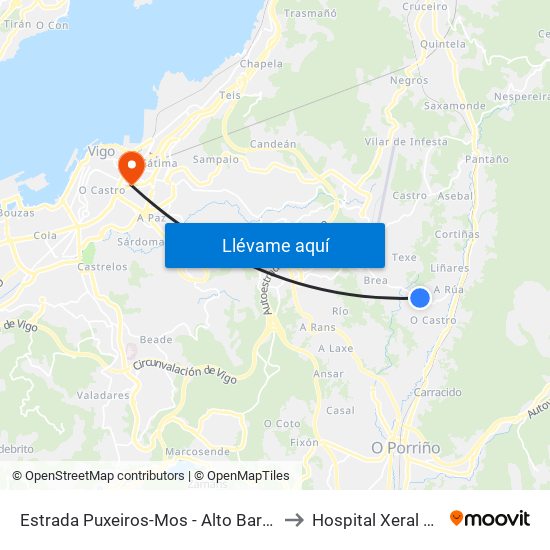 Estrada Puxeiros-Mos - Alto Barreiros (Mos) to Hospital Xeral de Vigo map