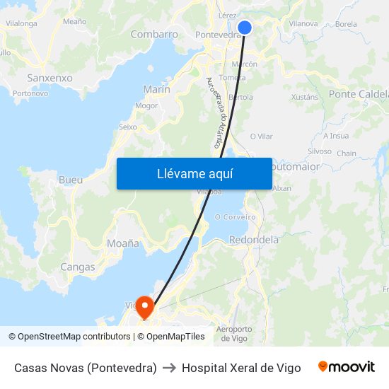 Casas Novas (Pontevedra) to Hospital Xeral de Vigo map