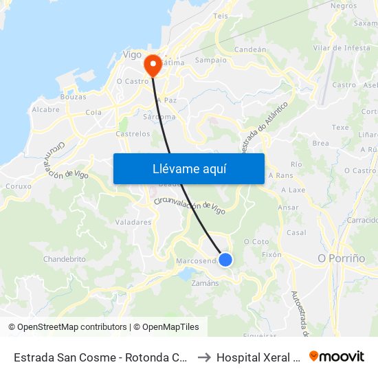 Estrada San Cosme - Rotonda Campus (Vigo) to Hospital Xeral de Vigo map