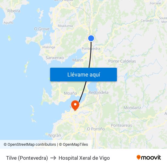 Tilve (Pontevedra) to Hospital Xeral de Vigo map