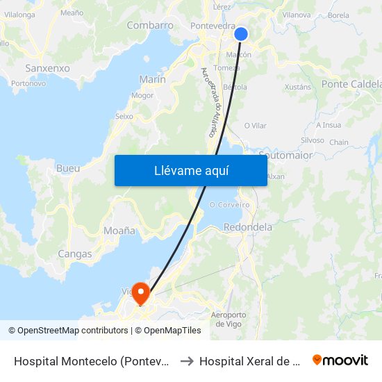 Hospital Montecelo (Pontevedra) to Hospital Xeral de Vigo map