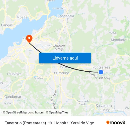 Tanatorio (Ponteareas) to Hospital Xeral de Vigo map