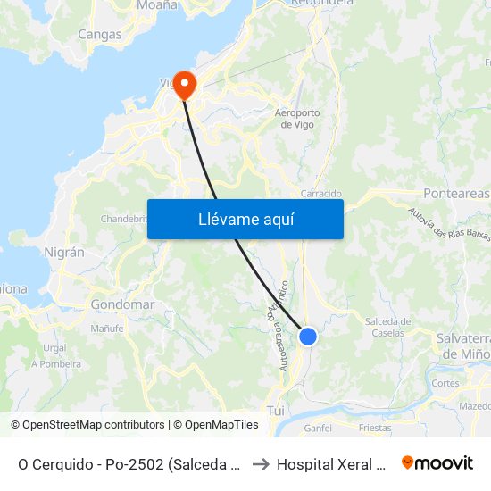 O Cerquido - Po-2502 (Salceda de Caselas) to Hospital Xeral de Vigo map