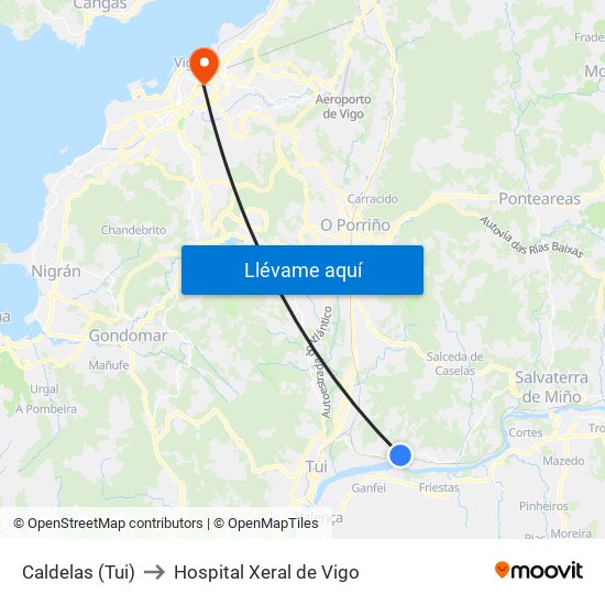 Caldelas (Tui) to Hospital Xeral de Vigo map
