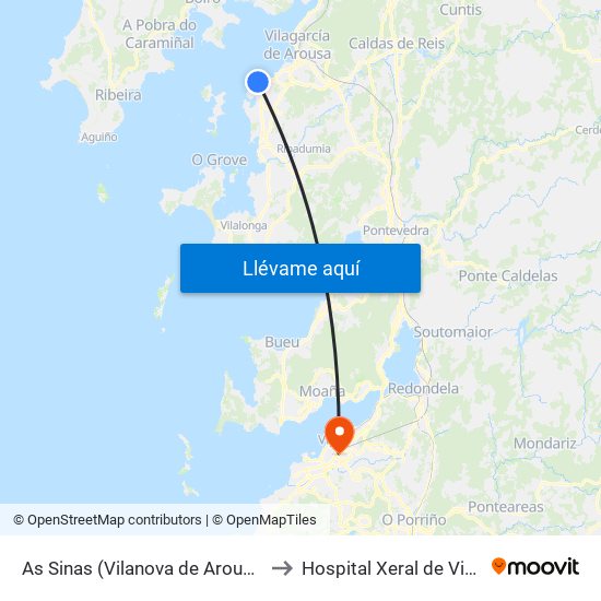 As Sinas (Vilanova de Arousa) to Hospital Xeral de Vigo map