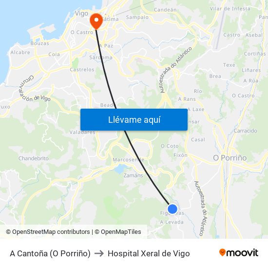 A Cantoña (O Porriño) to Hospital Xeral de Vigo map