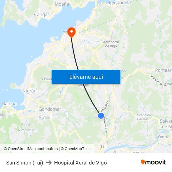 San Simón (Tui) to Hospital Xeral de Vigo map